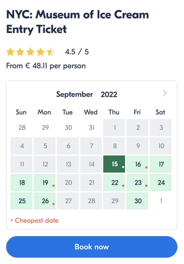 Availability widget from GetYourGuide partner program in Travelpayouts calendar widget from getyourguide affiliate program
