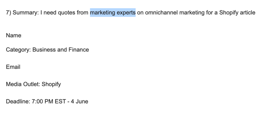The requirements for marketing experts in the pitch Requirements in the pitch