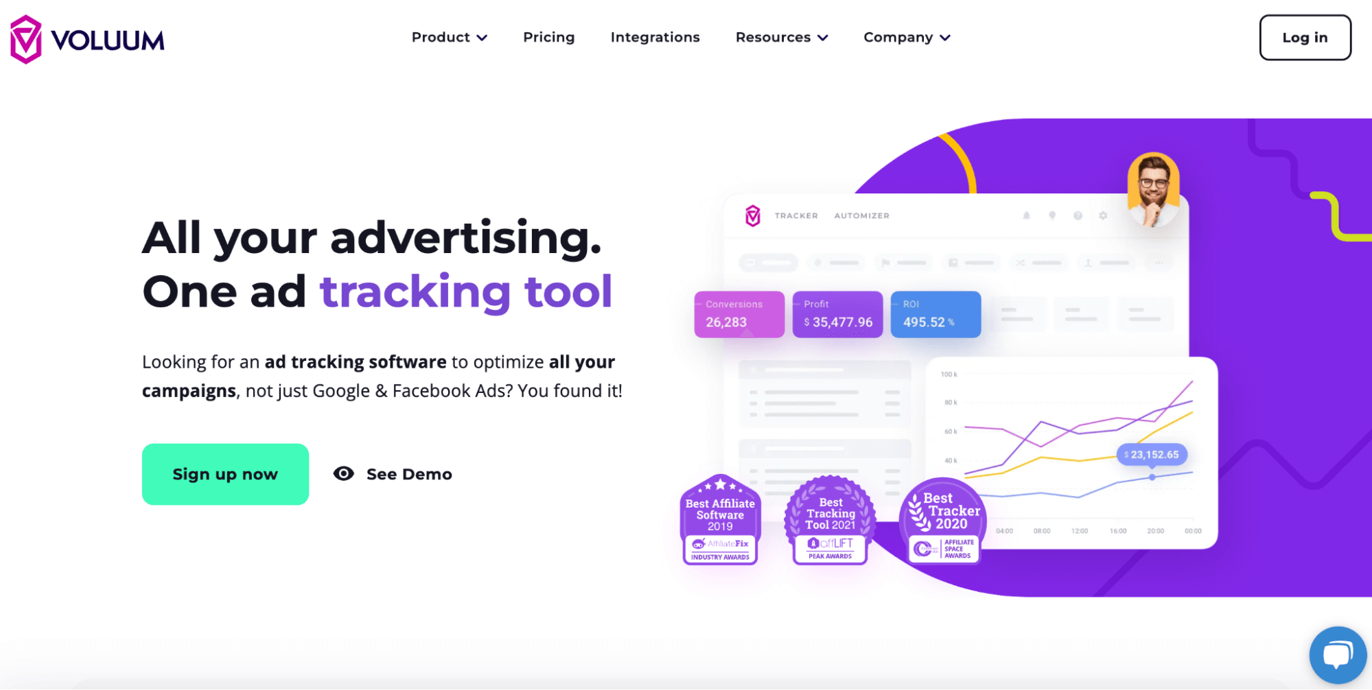 Voluum combines all your advertising into one tracking tool. The image displays the homepage for Voluum with a heading, “All your advertising. One ad tracking tool”. The graphic to the right shows an analytics interface and multiple awards that the advertisement, link, click tracker has received.