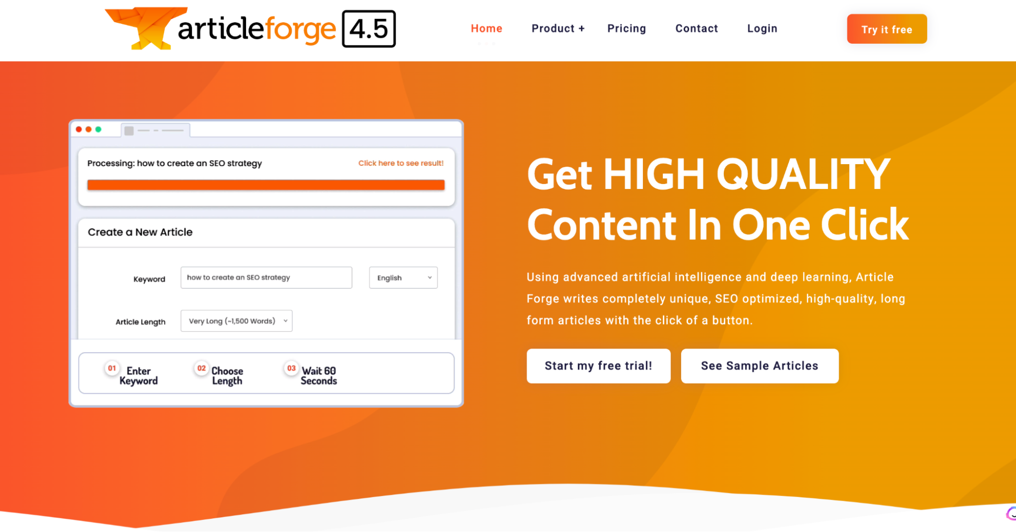 The screenshot of the Article Forge main page