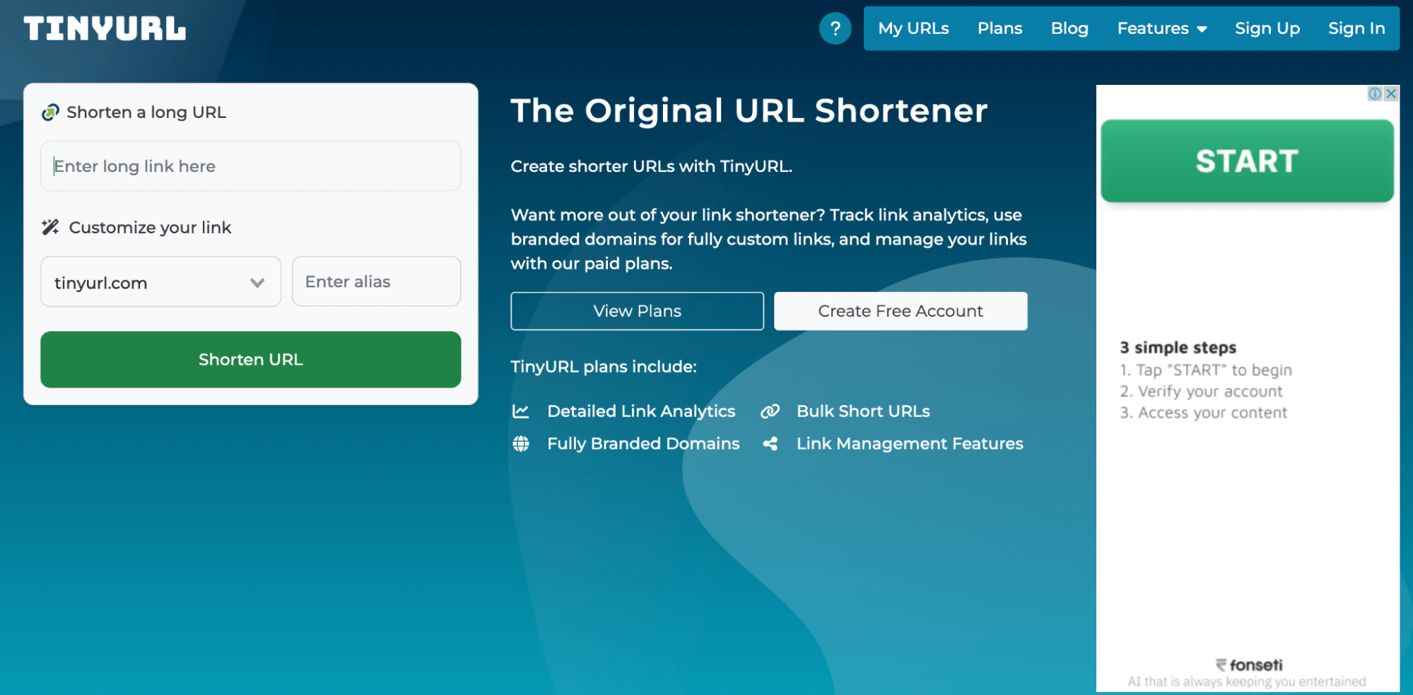 TinyURL is one of the best link tracker and URL tracking service for travel bloggers. The image shows TinyURL’s homepage with a free option to shorten a long URL on the left side of the screen. The middle of the webpage gives users the option to view paid plans or create a free account with promises of detailed link analytics, build short URLs, fully branded domains, and link management features.