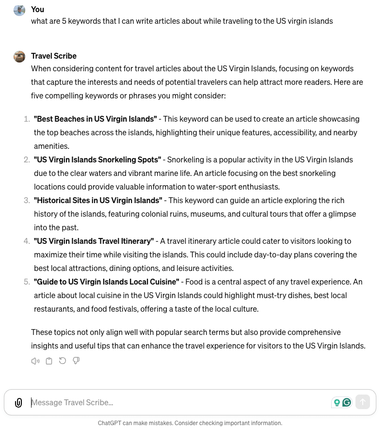 The image displays my search on ChatGPT for keyword research about traveling to the US Virgin Islands. The AI-powered system gave me five ideas for a keyword-savvy article about popular topics related to traveling to the island chain.