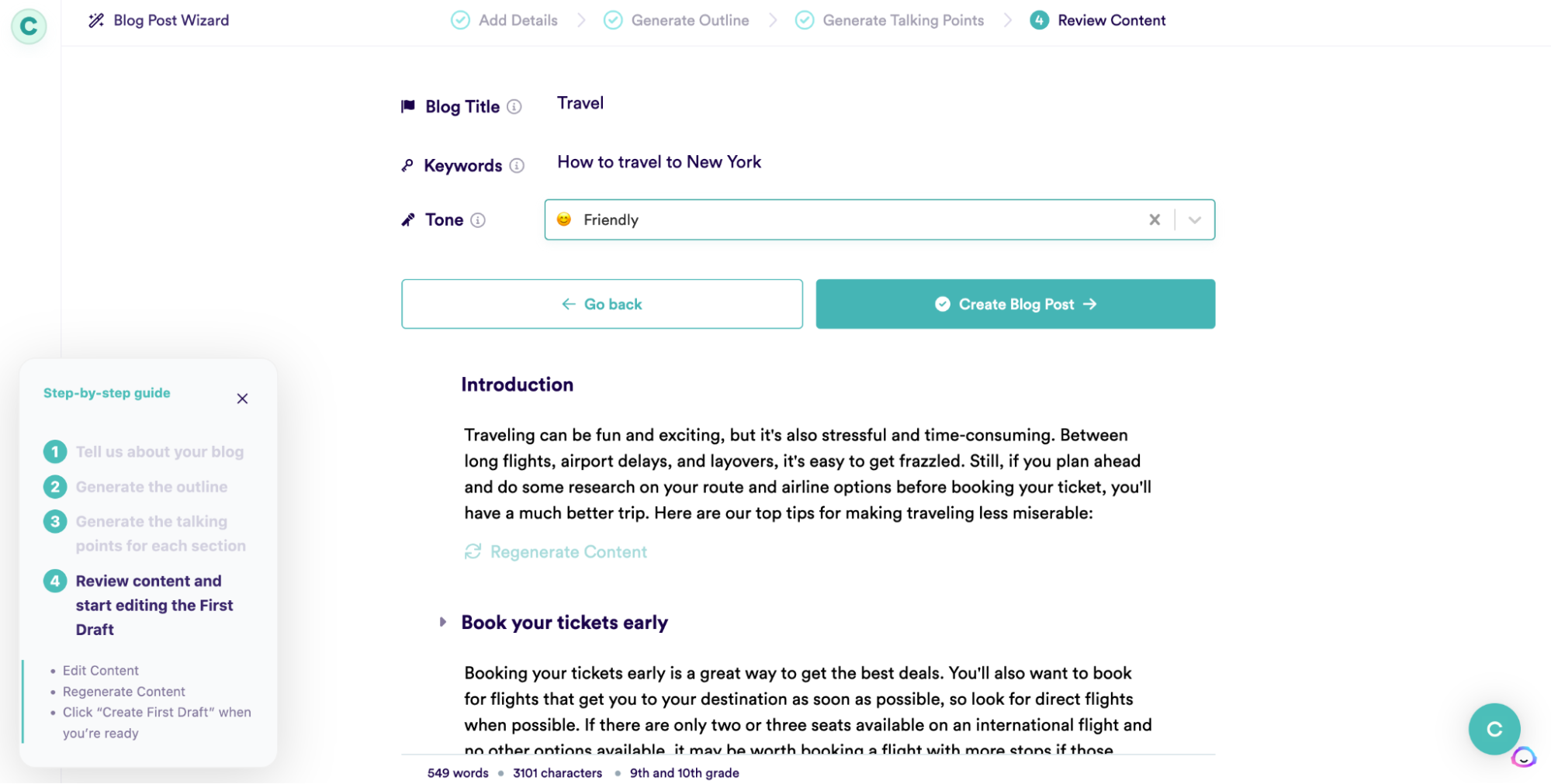A screenshot of the Copy.ai dashboard with blog title, keywords, and tone.