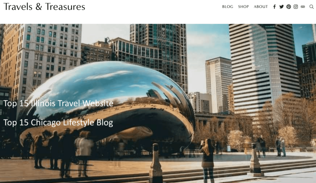 Screenshot of the Travel & Treasure Website Homepage An image of the Travel & Treasure website homepage featuring a photo of the Bean in Chicago, USA