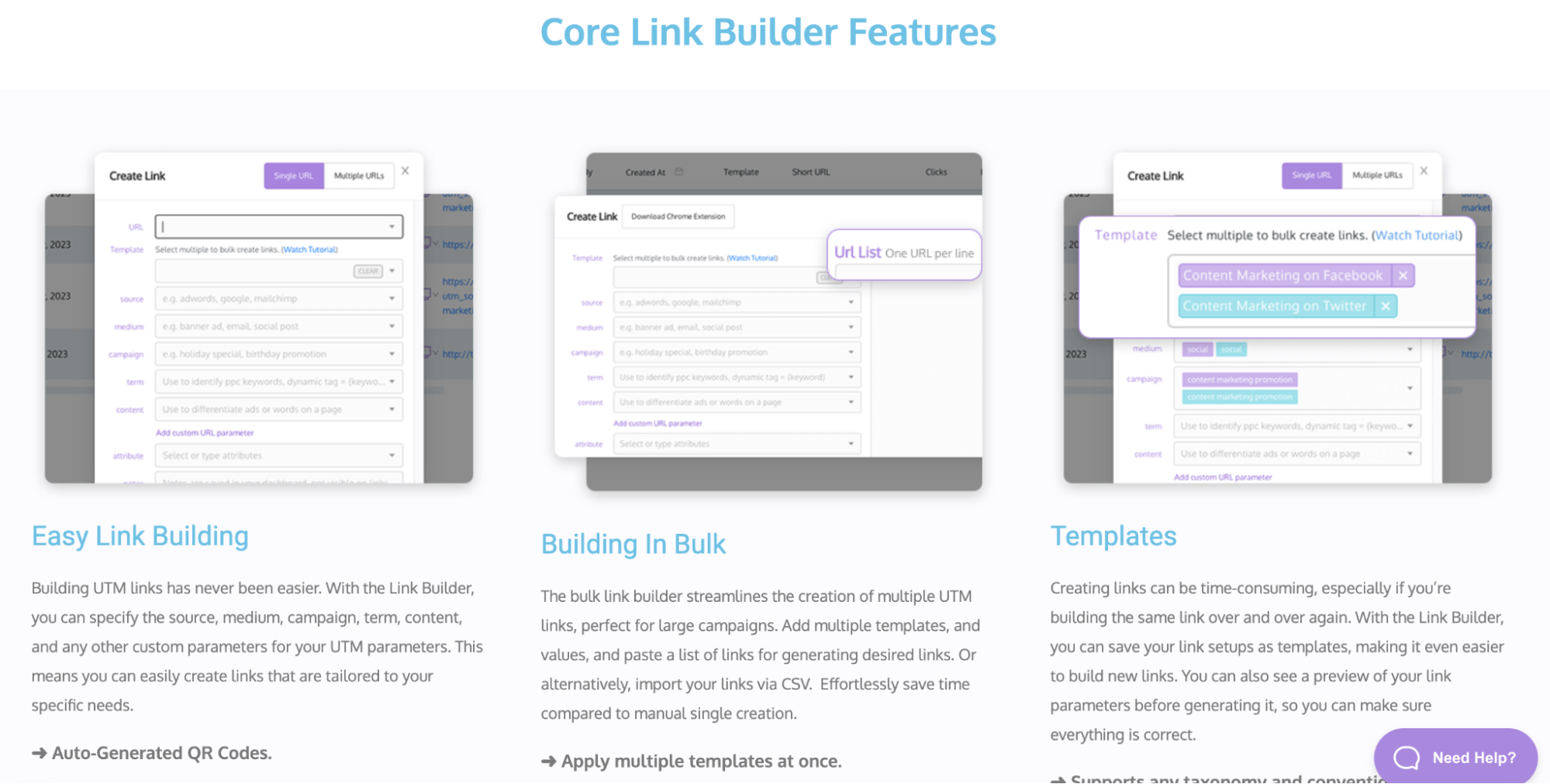 UTM.io is a seamlessUTM.io is a seamless and useful link tracking tool for travel bloggers. The image displays a section of UTM.io webpage demonstrating the usefulness of the tool for Core Link builder features including easy link building, building in bulk, and templates.