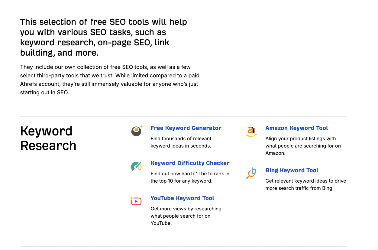 Ahrefs Webmaster Tools is one of the most straightforward and useful free keyword research tools. The image shows the interface and keyword research section of Ahrefs Webmaster Tools. This section allows you to generate keywords, discover their difficulty, or generate keywords specifically for YouTube, Amazon, or Bing.
