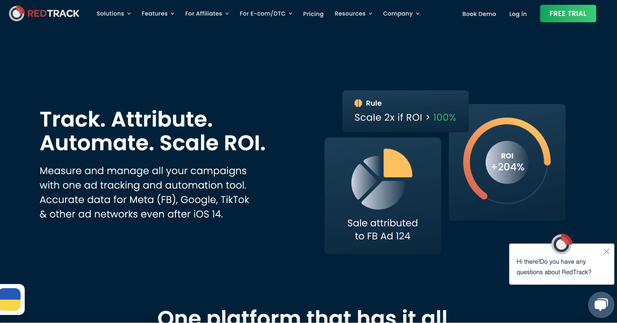 RedTrack focuses on increasing your ROI. The image shows the homepage for RedTrack.io with the headline, “Track. Attribute. Automate. Scale ROI.” The other half of the webpage shows examples of simple graphs and images displaying an increase in ROI.