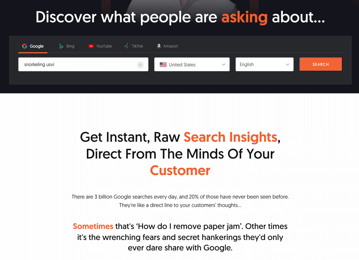 Answer the Public generates keyword questions that people are asking on Google and other search engines. The image displays the homepage for Answer the Public, including a search bar to discover what questions people are asking on Google, Bing, YouTube, TikTok, and Amazon.