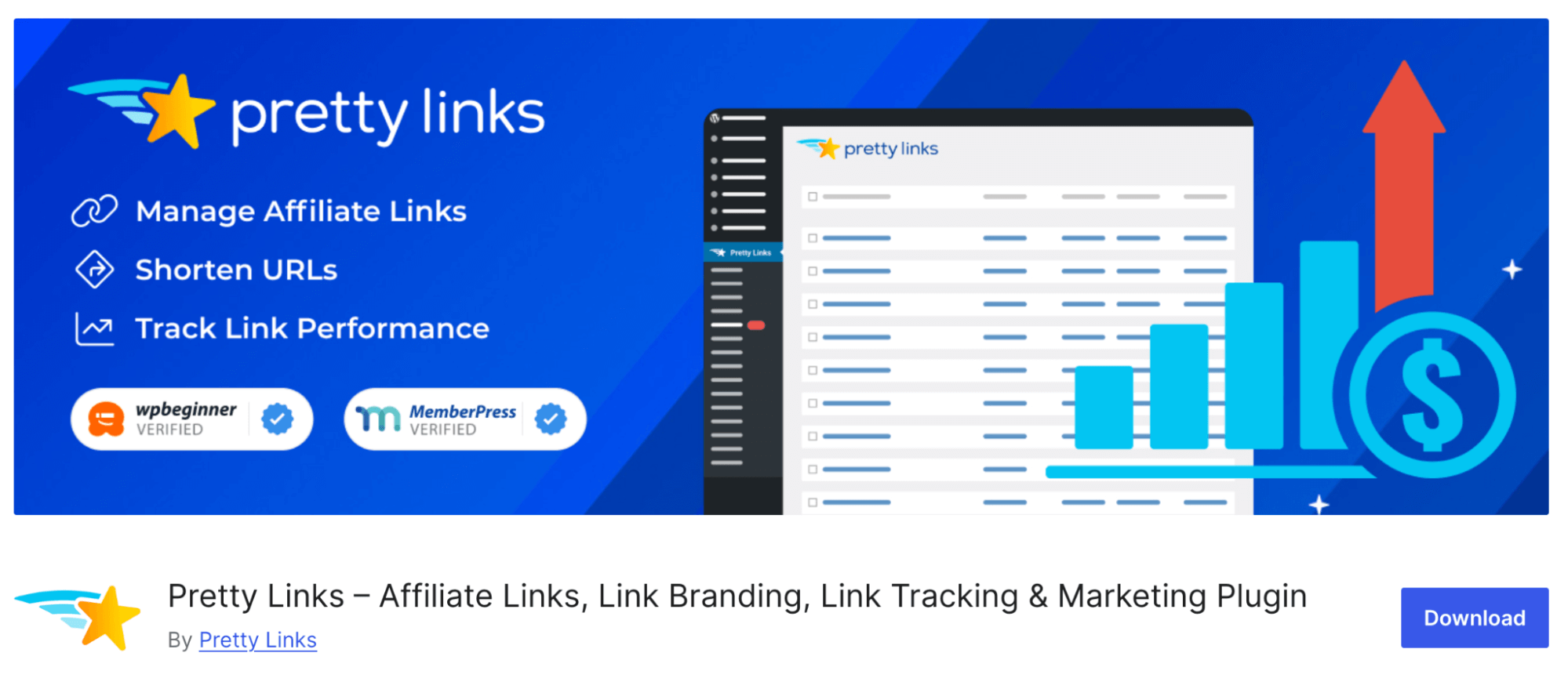 Pretty Links is the best free URL tracking service directly compatible with WordPress. The image displays Pretty Links’ plug-in service on WordPress. The graphic demonstrates an increase of sales using their software for managing affiliate links, shortening URLs, and tracking link performance.