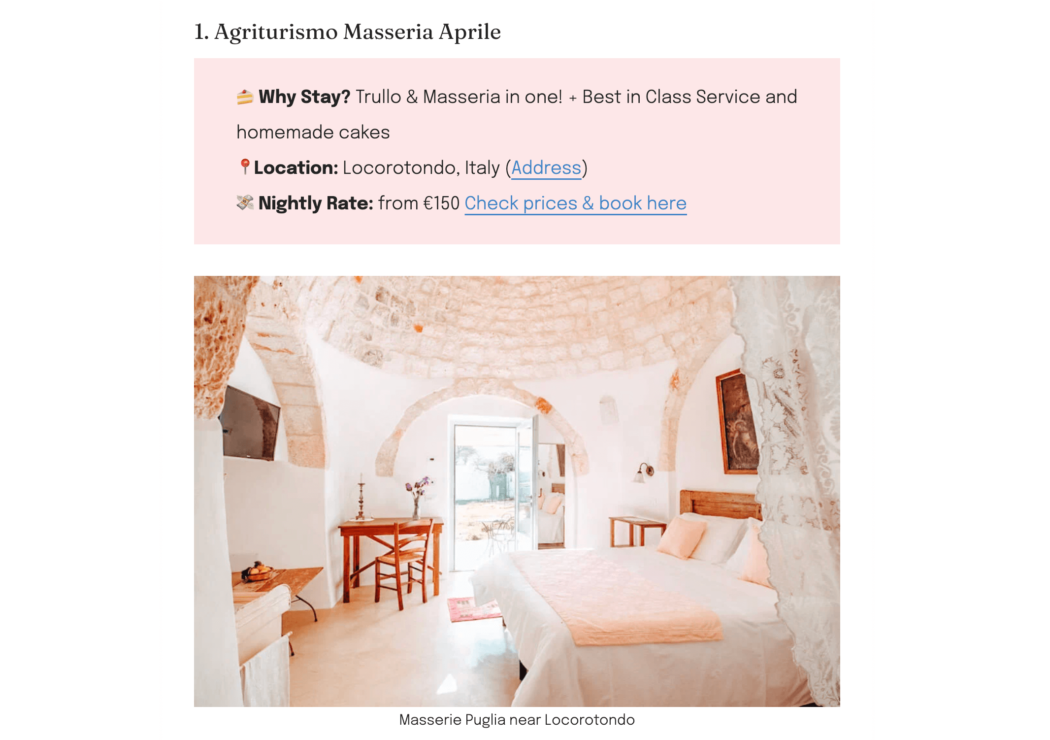 description of the hotel with affiliate link in the article on Jou Jou Travels Screenshot showing description of the hotel with affiliate link in the article on Jou Jou Travels