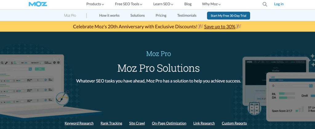 A screenshot of the Moz Pro homepage