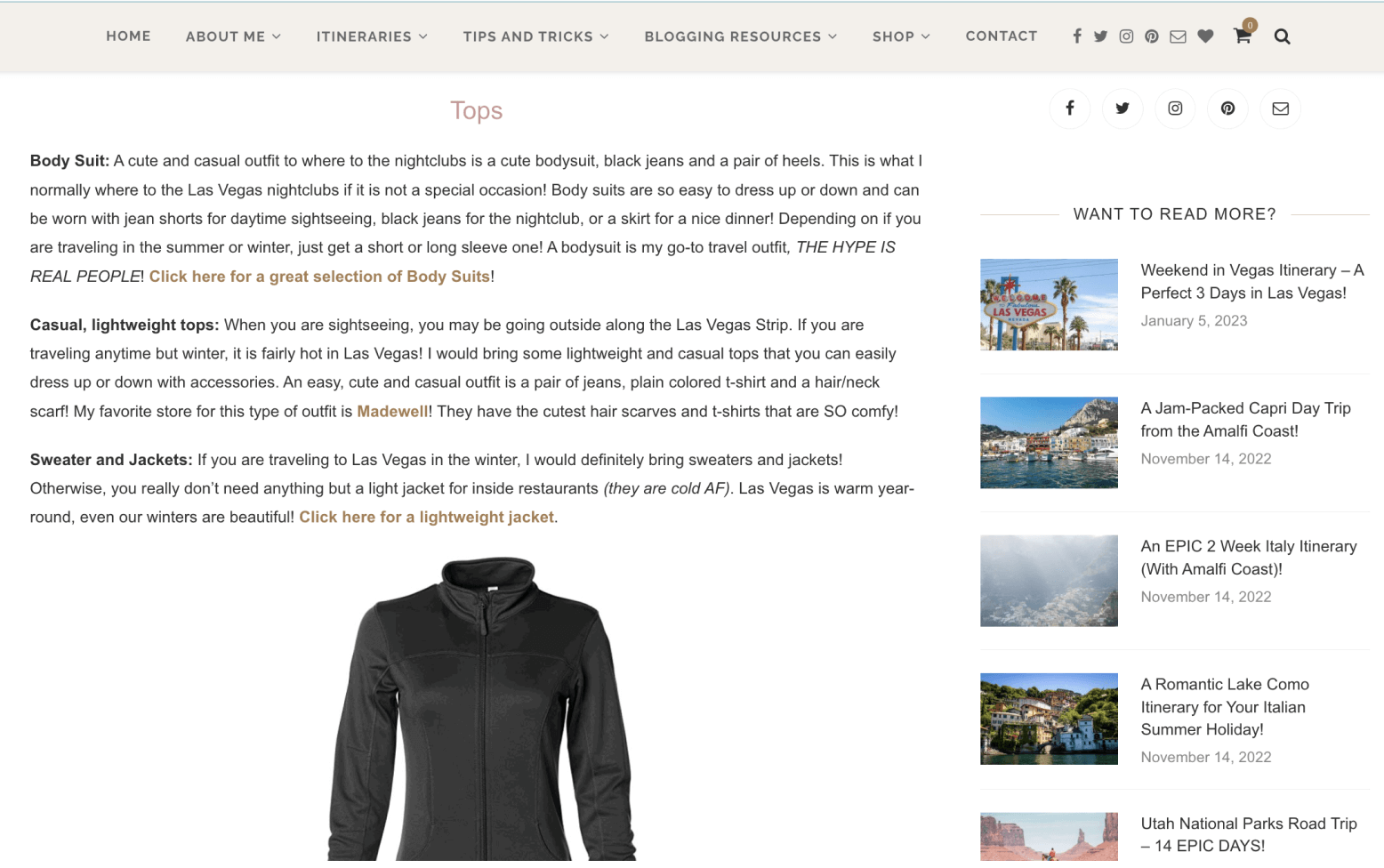 An example of the article with packing list on myperfectitinerary.com Screenshot with an example of the article with packing list on myperfectitinerary.com