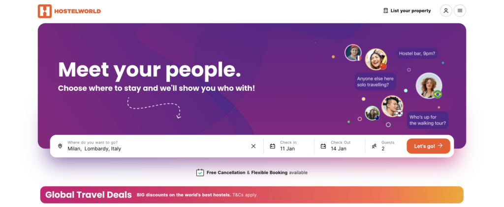 Hostelworld homepage displaying a search engine asking where you want to go.