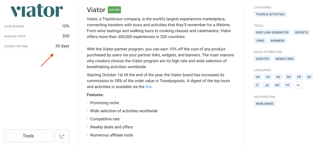 Viator affiliate program in the Travelpayouts affiliate dashboard Viator affiliate program