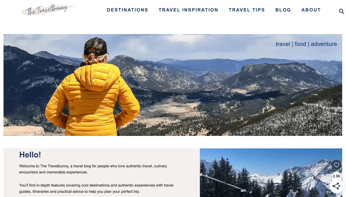 The homepage of thetravelbunny.com Screenshot is showing the homepage of thetravelbunny.com