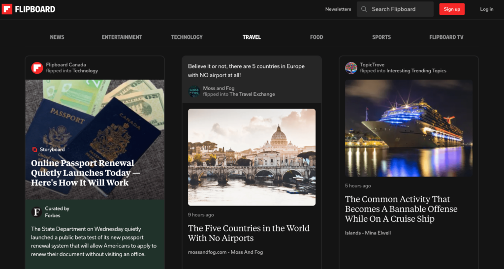 The travel section in Flipboard Flipboard travel section