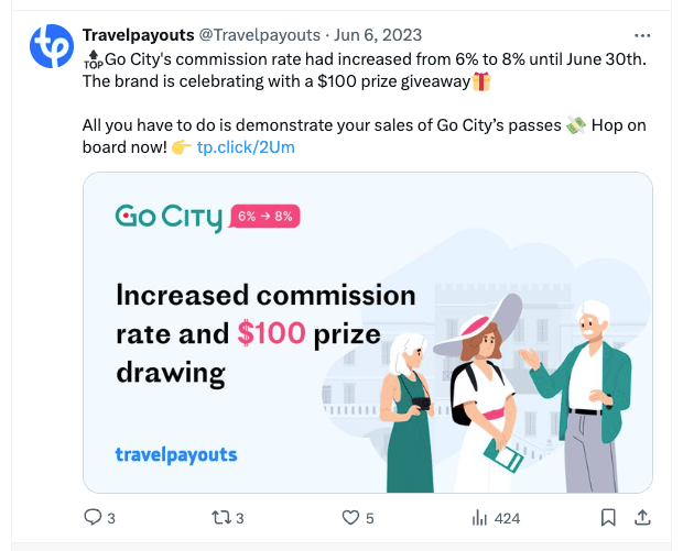 Although not exclusive to Twitter, Travelpayouts frequently utilizes giveaways and deals to drive engagement and traffic to their website via Twitter. The image displays a Tweet from Travelpayouts as they offer a $100 prize giveaway. The tweet conveys information about commission rates through an affiliate partner while illustrating the potential for winning a $100 prize.
