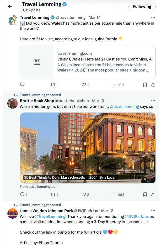 Tweeting consistently is an important aspect of affiliate marketing on Twitter, yet you don’t want to overdo it. Travel Lemming accomplishes a balanced feed by reposting content from other creators. The image displays the Twitter feed of a popular travel brand, Travellemming. They utilize a mix of reposts and original content to balance a consistent yet not spammy feed.