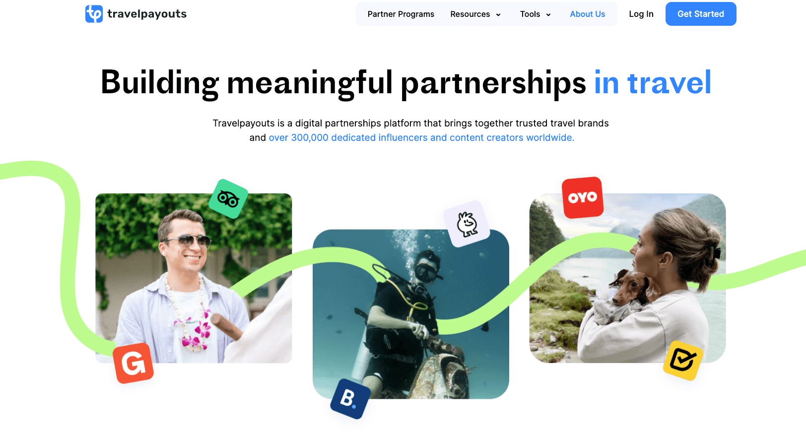 Travelpayouts is one of the most effective digital platforms for affiliate marketing efforts on Twitter. The image displays the Travelpayouts “About” page, which states that they strive for “building meaningful partnerships in travel.” The rest of the webpage shows a man smiling, a scuba diver, and a woman with a puppy surrounded by popular travel brands like GetYourGuide, OYO, DiscoverCars, Booking.com, and Tripadvisor.