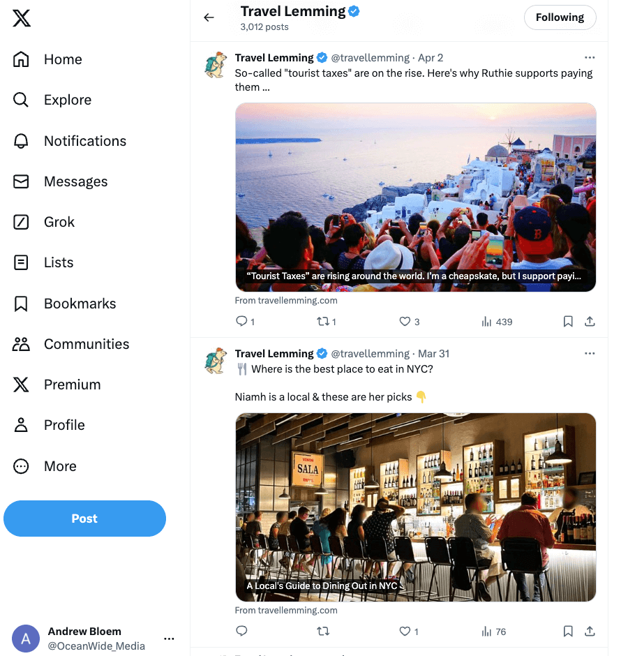 Engaging visual content, albeit video, gifs, or images, is an important part of engaging your Twitter audience. The image shows the Twitter feed of a prominent travel brand, Travel Lemming, using relevant and eye-popping images to entice readers to click on the article. The two images are of a crowd of tourists, all taking a picture of a Greek town and another of a lively bar in New York City.