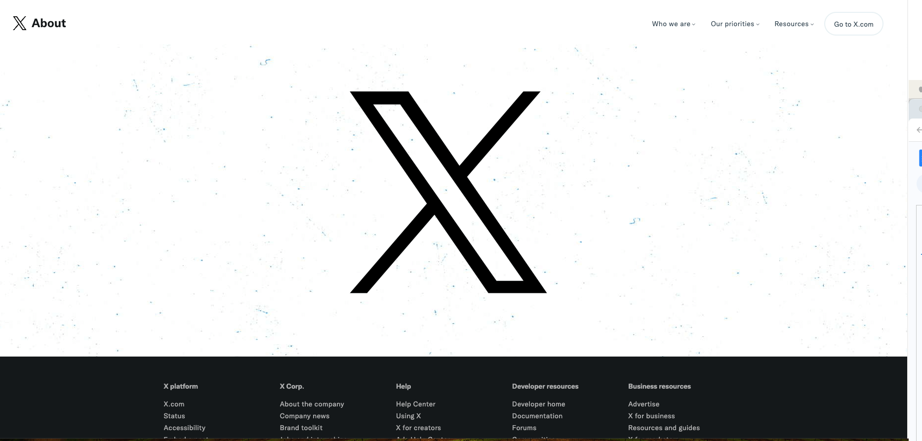 X, formerly known as Twitter, is a potential tool for effective affiliate marketing for travel bloggers. The image displays Twitter’s new “About” page, “X.” The webpage shows a simple X logo with links on the top and bottom to navigate to other website sections.