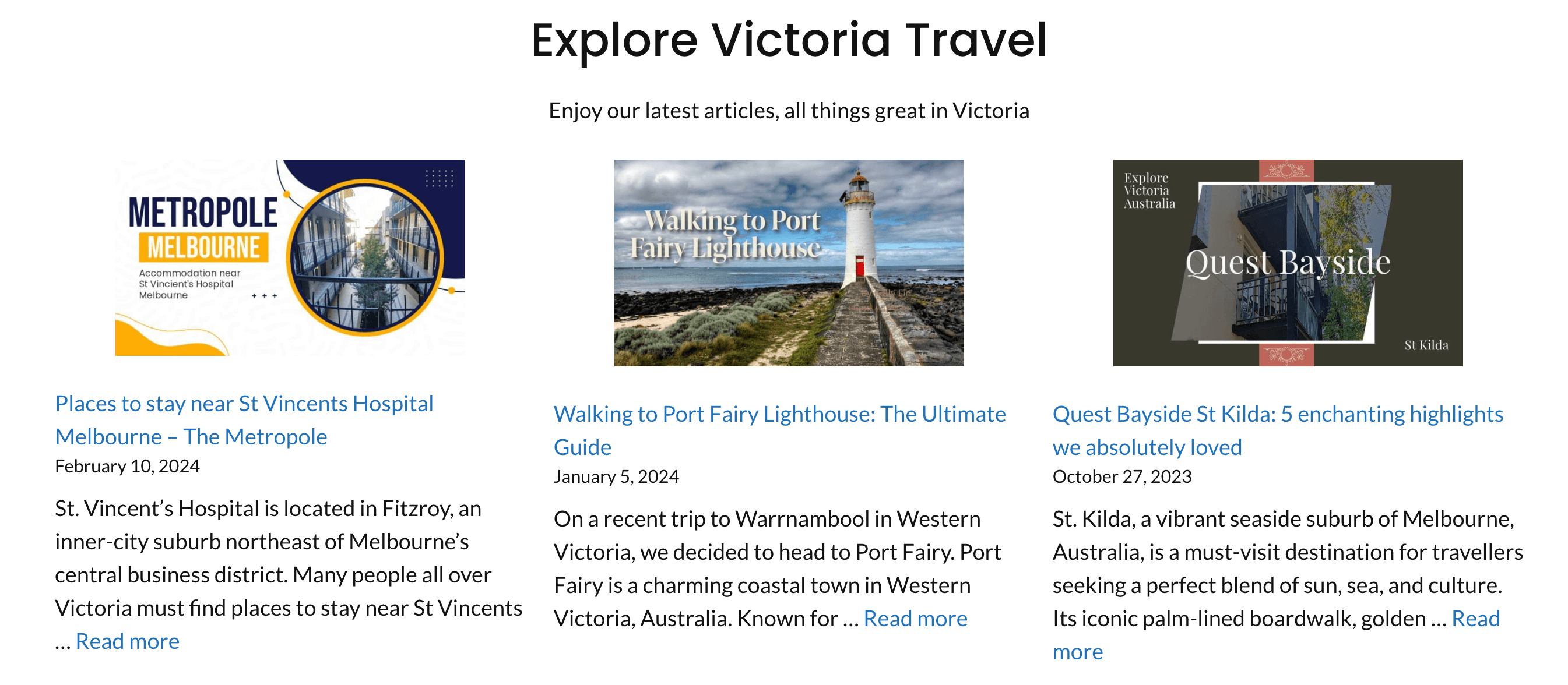 The articles on the Explore Victoria Travel website homepage The articles on the Explore Victoria Travel website homepage