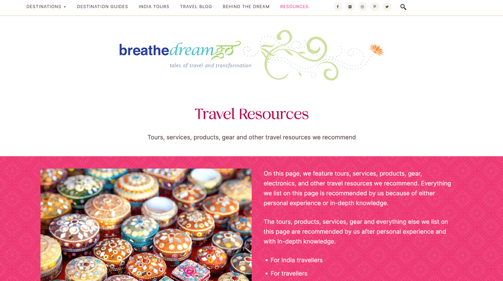 Travel Resources page example from the Breathe Dream Go travel blog A screenshot of the travel resources page on the Breathe Dream Go travel blog featuring a photo of oriental boxes and a list of recommendations for travel services.