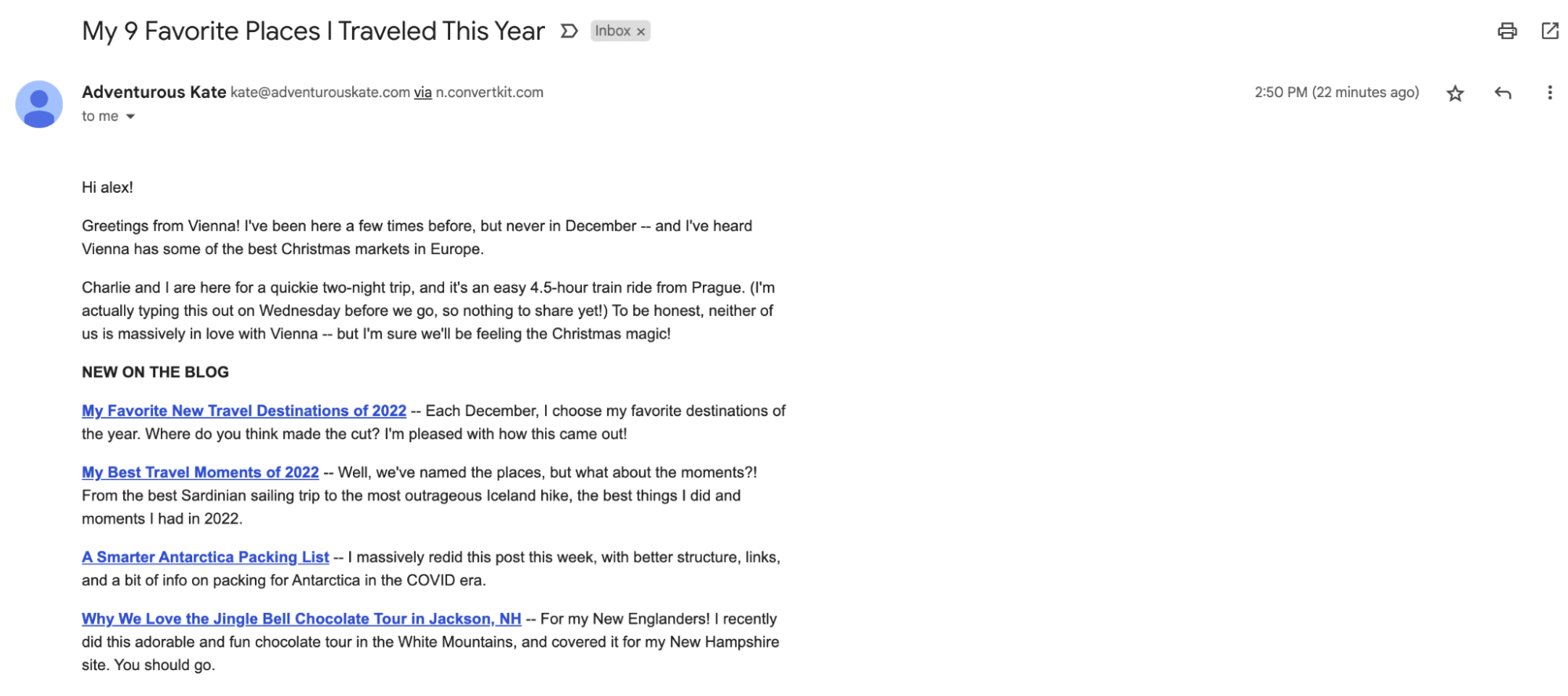 A newsletter from the Adventurous Kate travel blog featuring her latest blog posts with affiliate links A screenshot of the email newsletter from the Adventurous Kate travel blog promoting her latest posts.