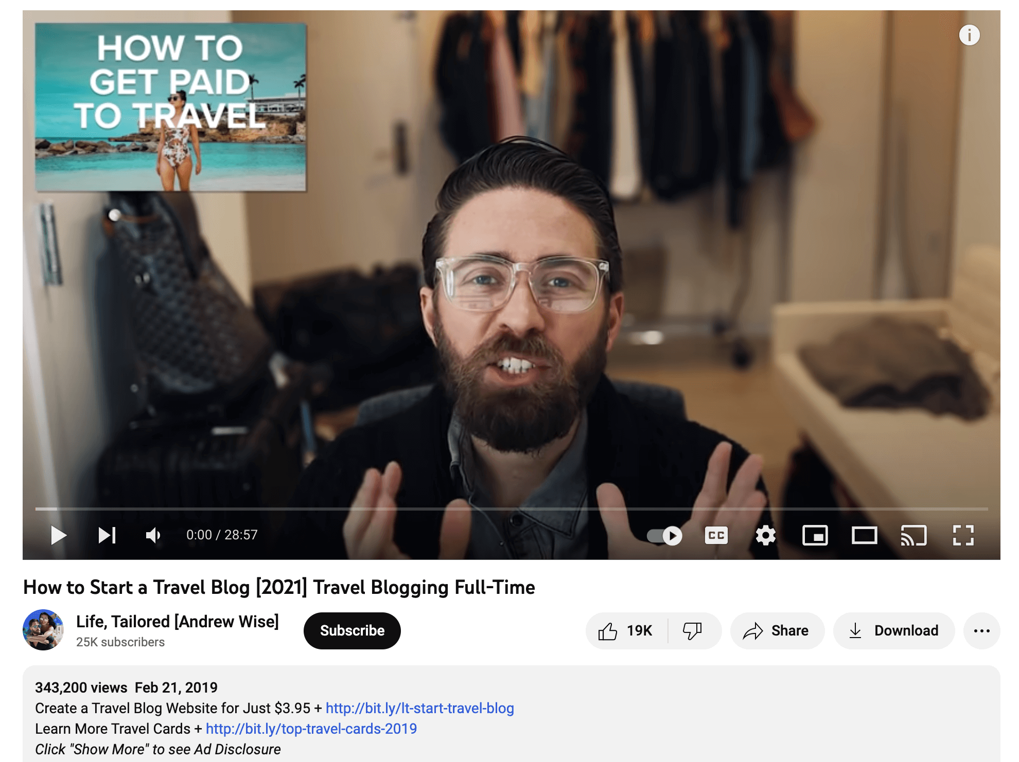 An example of affiliate links in the video description on the Life, Tailored YouTube channel A screenshot of the video from the Life, Tailored channel on YouTube featuring affiliate links in the description section.