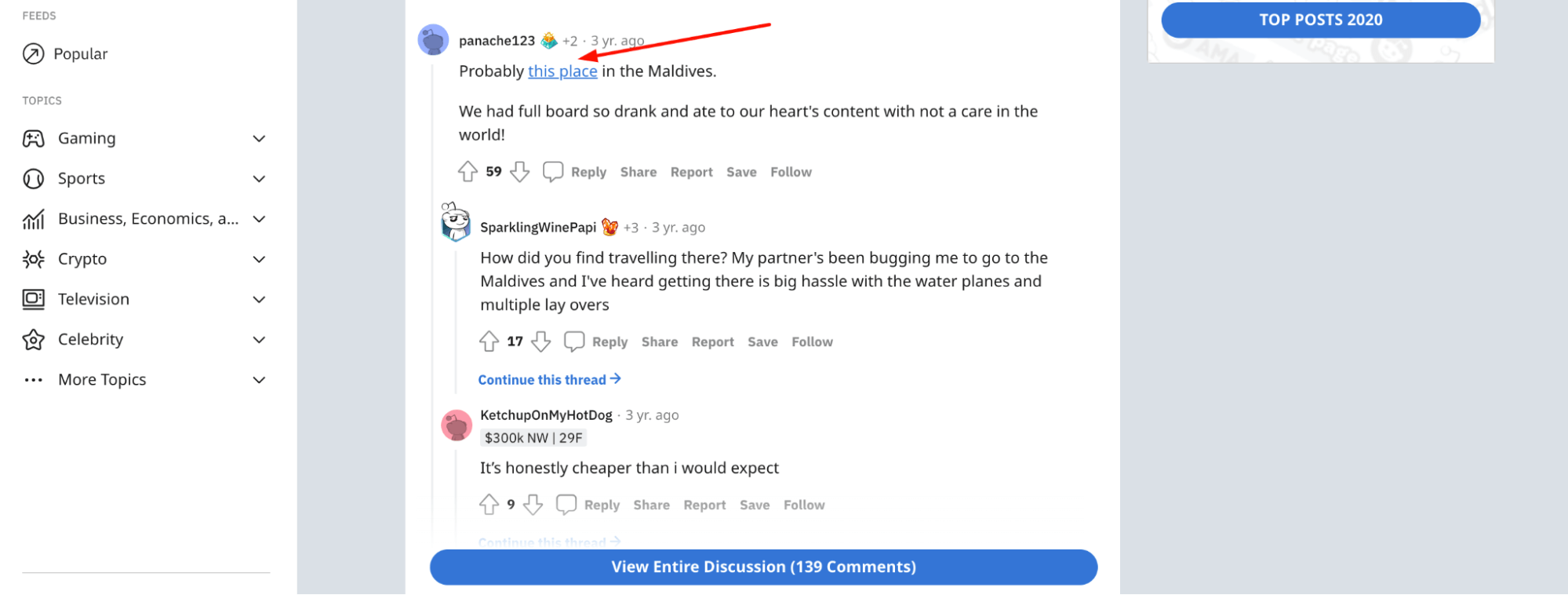 An example of how to post links on Reddit A screenshot of the discussion on Reddit featuring a link to the hotel website.